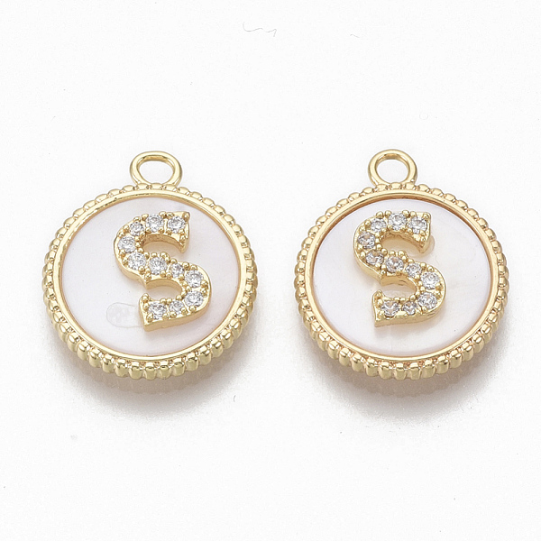 

PandaHall Brass Micro Pave Cubic Zirconia Pendants, with Shell, Flat Round with Letter, Nickel Free, Clear, Creamy White, Real 18K Gold...