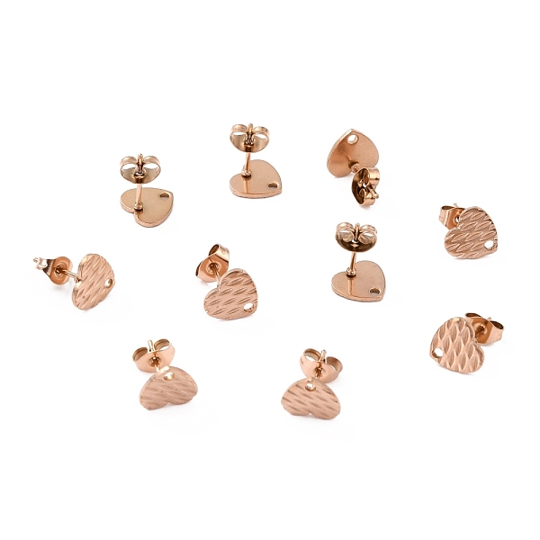 

PandaHall Ion Plating(IP) 304 Stainless Steel Stud Earring Findings, with Ear Nuts, Textured Heart, Rose Gold, 12x9mm, Hole: 1.4mm, Pin...