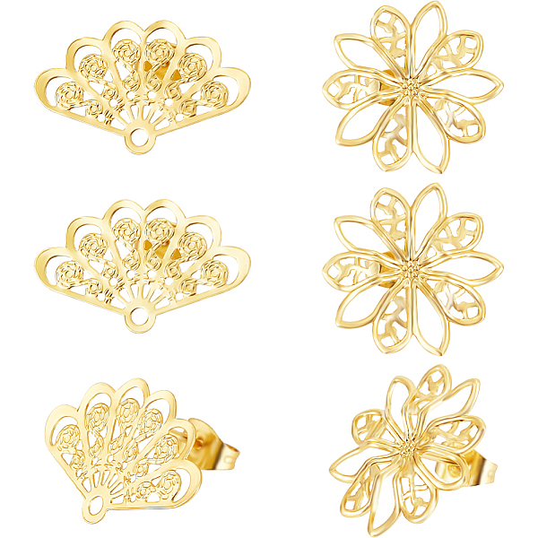 

PandaHall Beebeecraft 6 Pairs 2 Style Brass Stud Earring Findings, with Ear Nuts & Horizontal Loops, Flower & Fan, Real 18K Gold Plated...