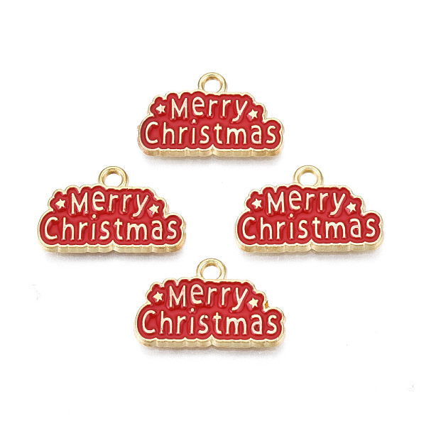 

PandaHall Rack Plating Alloy Enamel Pendants, Cadmium Free & Nickel Free & Lead Free, Light Gold, Word Merry Christmas, Dark Red...