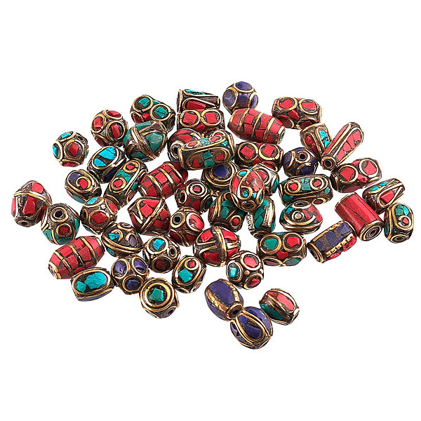 

PandaHall 50PCS Mixed Antique Golden Handmade Tibetan Style Beads, Brass with Coral and Turquoise, Antique Golden, 12~25x8~13mm Brass Others