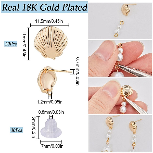 

PandaHall SUNNYCLUE 20Pcs Brass Stud Earring Findings, with Vertical Loops, Shell Shape, with 30Pcs Plastic Ear Nuts, Real 18K Gold Plated...