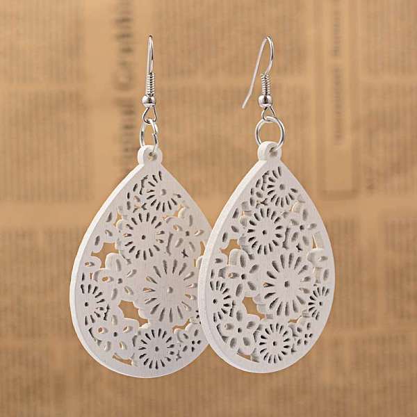 

PandaHall Simple Design Filigree Teardrop Wood Dangle Earrings, with Platinum Plated Iron Earring Hooks, White, 70mm, Pin: 0.8mm Wood White