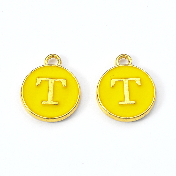 

PandaHall Golden Plated Alloy Enamel Charms, Enamelled Sequins, Flat Round with Letter, Gold, Letter.T, 14x12x2mm, Hole: 1.5mm Alloy+Enamel...