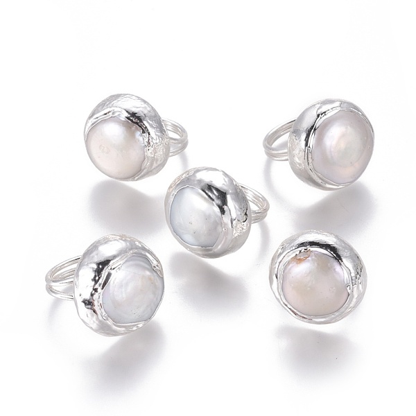 

PandaHall Adjustable Pearl Rings, with Brass Findings, Flat Round, Silver Color Plated, Size 6, 16mm Pearl