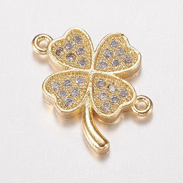 

PandaHall Brass Micro Pave Cubic Zirconia Links, Clover, Golden, 15x16x2mm, Hole: 1mm Brass+Cubic Zirconia Clover