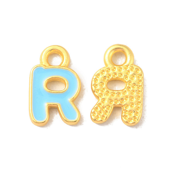 

PandaHall Alloy Enamel Pendants, Matte Gold Color, Letter Charm, Nickel Free, Letter R, 10x6.5x1.5mm, Hole: 1.6mm Alloy+Enamel Letter R Cyan