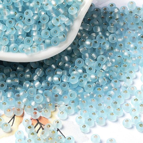 

PandaHall 8/0 Glass Seed Beads, Frosted, Silver Lined, Round, Pale Turquoise, 3x2mm, Hole: 1mm Glass