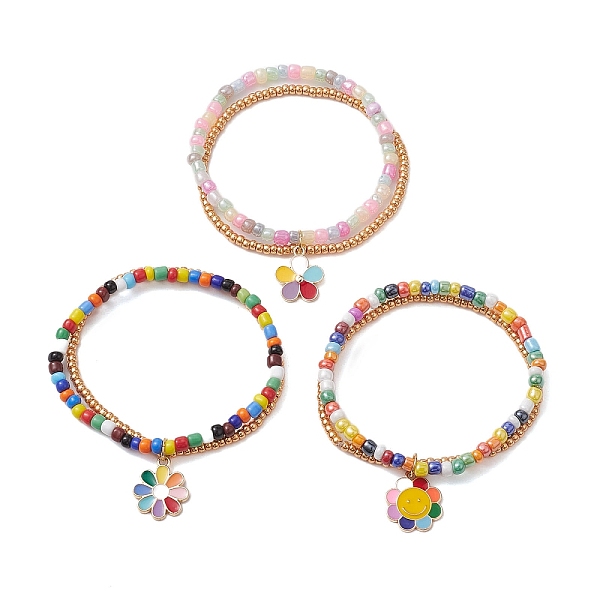 

PandaHall 3Pcs 3 Styles Glass Seed Double Layer Multi-strand Bracelets Set, Stretch Bracelets with Alloy Enamel Flower Charms, Mixed Color..., Multicolor