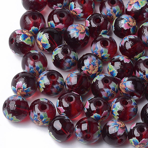 

PandaHall Printed & Spray Painted Transparent Glass Beads, Round with Flower Pattern, Dark Red, 8~8.5x7.5mm, Hole: 1.4mm Glass Flower Red