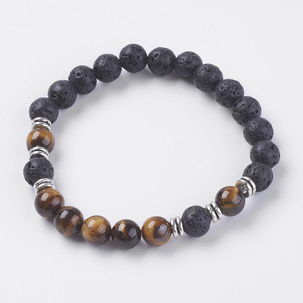 

PandaHall Natural Lava Rock Beads Stretch Bracelets, with Tiger Eye and Alloy Finding, 2-1/8 inch(55mm) Mixed Stone