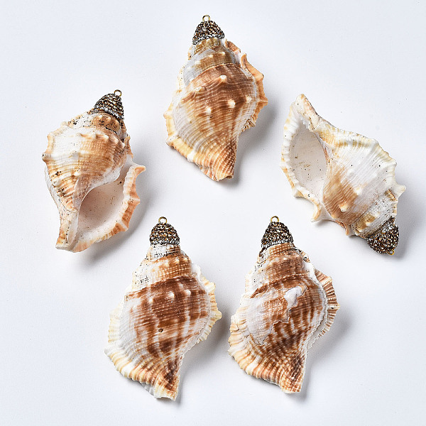PandaHall Spiral Shell Big Pendants, with Polymer Clay Rhinestones and Iron Findings, Conch Shell, Seashell Color, 49~70x30~45x21~30mm, Hole...