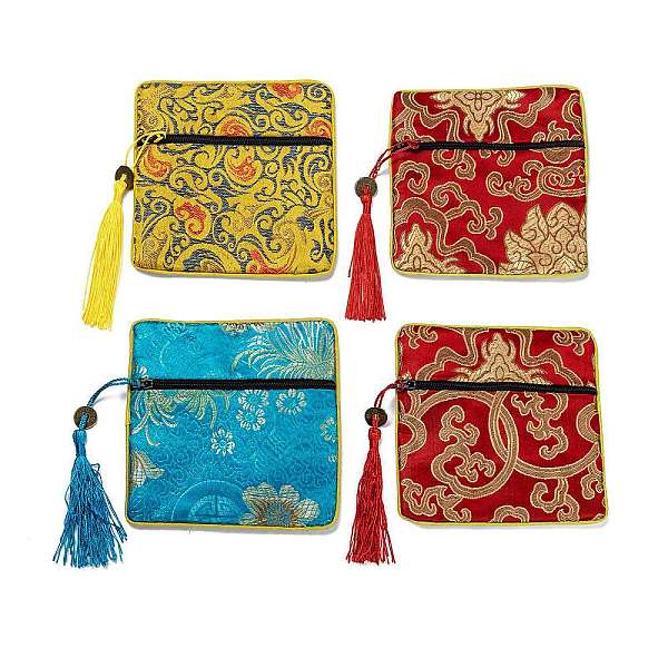 

PandaHall Chinese Brocade Tassel Zipper Jewelry Bag Gift Pouch, Square with Flower Pattern, Mixed Color, 11.5~11.8x11.5~11.8x0.4~0.5cm Cloth..., Multicolor