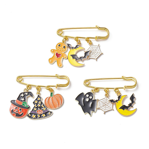 

PandaHall 3Pcs 3 Style Halloween Theme Pumpkin & Moon & Bat & Ghost Alloy Enamel Charms Safety Pin Brooches, Golden Iron Lapel Pins for..., Multicolor
