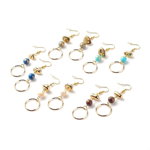 PandaHall Natural Mashan Jade Beads Dangle Earrings, Wire Ring with Beads Long Drop Earrings for Women, Golden, Mixed Color, 63mm, Pin...