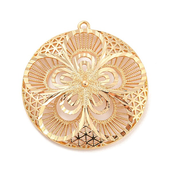 

PandaHall Rack Plating Brass Hollow Pendants, Flat Round with Flower Charm, Light Gold, 38x35x5mm, Hole: 1.6mm Brass Flat Round