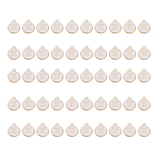 

PandaHall Golden Plated Alloy Charms, with Enamel, Enamelled Sequins, Flat Round, White, Letter.X, 14x12x2mm, Hole: 1.5mm, 50pcs/Box...