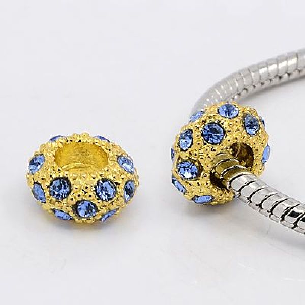 

PandaHall Alloy Rhinestone European Beads, Large Hole Beads, Golden Metal Color, Light Sapphire, 11x6mm, Hole: 5mm Alloy+Rhinestone Rondelle..., Blue