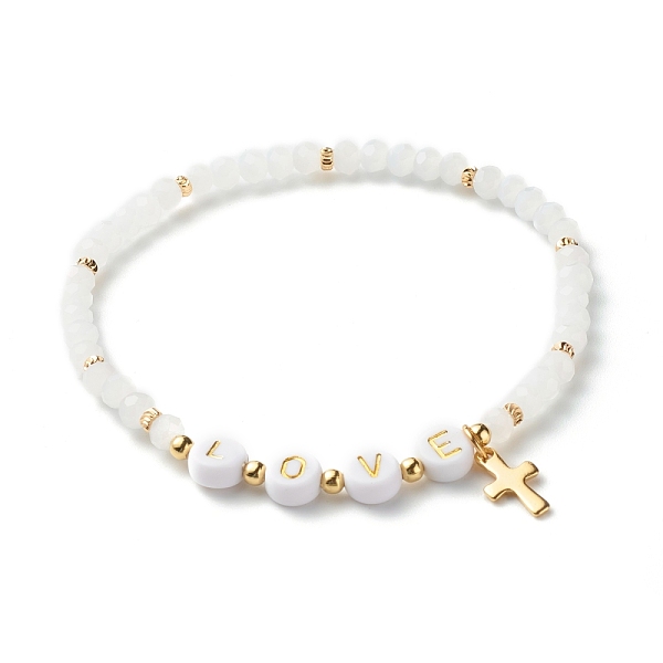 

PandaHall Glass Beads Stretch Bracelets, with Acrylic & Brass Beads, 304 Stainless Steel Cross Charms, Word Love, White, Inner Diameter...