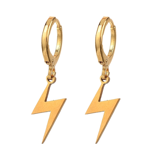 

PandaHall Brass Huggie Hoop Earrings, with 201 Stainless Steel Laser Cut Pendants and Cardboard Boxes, Lightning Bolt, Golden, 30mm, Pin...