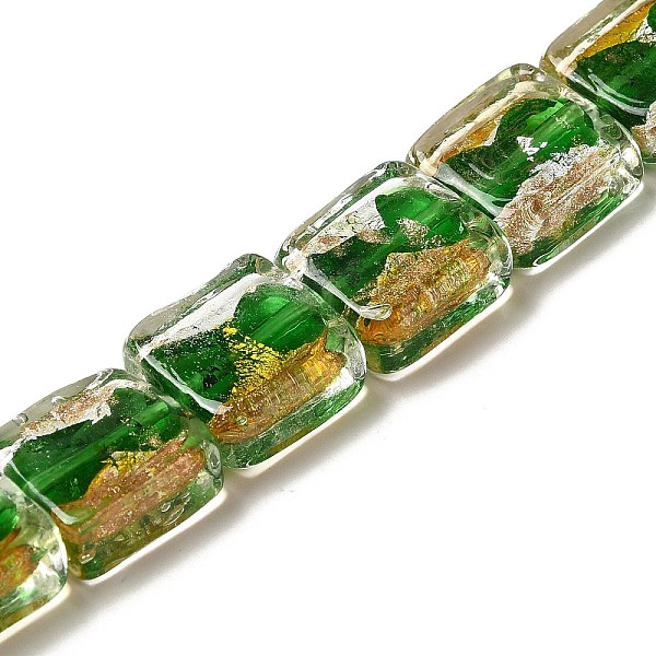 

PandaHall Handmade Gold Sand and Silver Sand Lampwork Beads, Square, Green, 14~14.5x14x6~6.5mm, Hole: 1.6~1.8mm Gold & Silver Foil Green