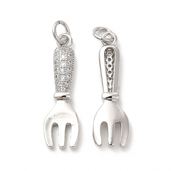 

PandaHall Rack Plating Brass Micro Pave Cubic Zirconia Tableware Pendants, Cadmium Free & Lead Free, Fork Charm, with Jump Ring, Real..., Clear