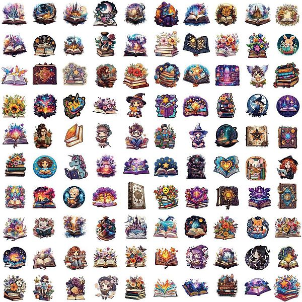 

PandaHall 100Pcs Witch Book PVC Waterproof Self-adhesive Cartoon Stickers, for Suitcase, Skateboard, Refrigerator, Helmet, Mobile Phone..., Multicolor
