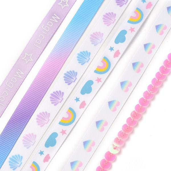 PandaHall 4Rolls Polyester Ribbons, with 1Roll Gradient Grosgrain Ribbon and PVC Plastic Paillette/Sequins Beads Strands, for Gift Packaging...