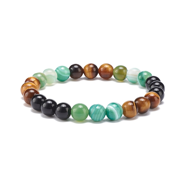 Natural Agate & Tiger Eye & Black Onyx Round Beaded Stretch Bracelet