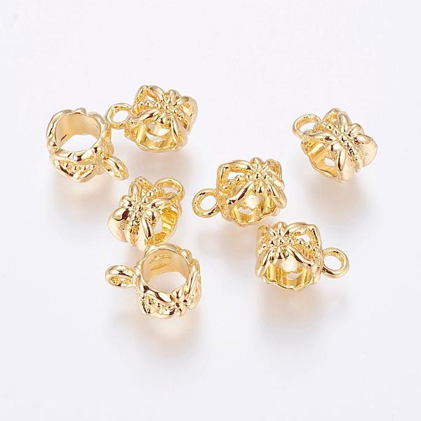 

PandaHall Brass Tube Bails, Loop Bails, Long-Lasting Plated, Real 18K Gold Plated, 11.5x6x8mm, Hole: 2mm, Inner Diameter: 5.5mm Brass Flower