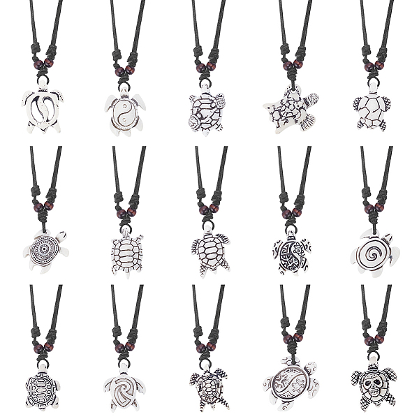 

PandaHall ANATTASOUL 15Pcs 15 Styles Tortoise Resin Pendant Necklaces Set with Adjustable Cotton Cords, Yin Yang & Skull & Evil Eye Pattern..., White