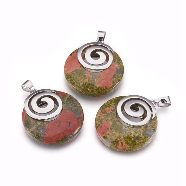 

PandaHall Natural Unakite Pendants, with Platinum Tone Brass Findings, Flat Round, 32x28x6mm, Hole: 4x5mm Unakite Flat Round Green