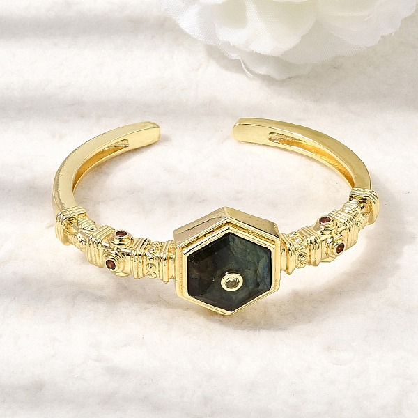 Bracciale rigido aperto esagonale da donna in ottone con pavé di labradorite naturale e zirconi cubici