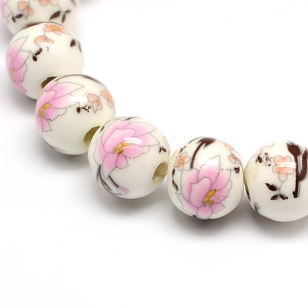 

PandaHall Handmade Flower Printed Porcelain Ceramic Beads Strands, Round, Pearl Pink, 10mm, Hole: 2mm, about 35pcs/strand, 13.5 inch...
