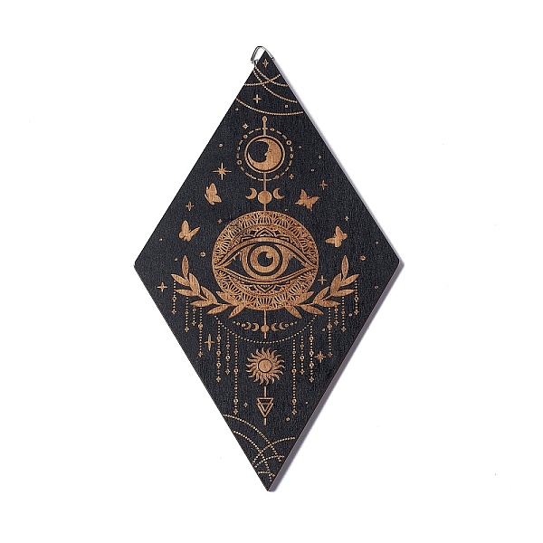 

PandaHall Rhombus Rustic Boho Wooden Wall-Mounted Decorations, Sun Moon Wall Sign for Home Bedroom, with Platinum Plated Iron Findings, Eye...