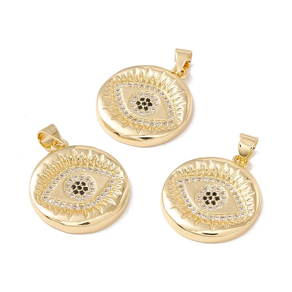 

PandaHall Brass Micro Pave Clear & Black Cubic Zirconia Pendants, Cadmium Free & Lead Free, Flat Round with Eye, Real 18K Gold Plated...