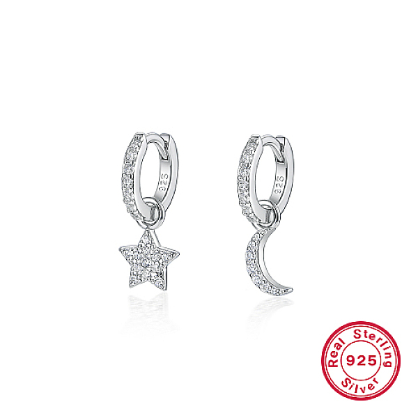 

PandaHall Rhodium Plated 925 Sterling Silver Dangle Hoop Earring, Clear Cubic Zirconia Moon & Star Asymmetrical Earrings, with 925 Stamp...