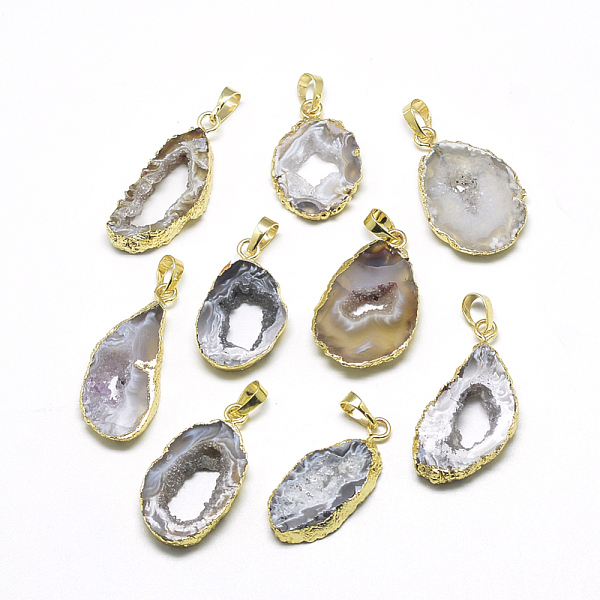 

PandaHall Plated Natural Druzy Grey Agate Pendants, with Brass Findings, Golden, 25~40x15~25x4~5mm, Hole: 5x7mm Grey Agate Others