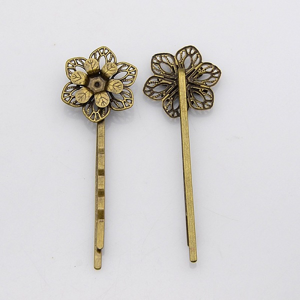 

PandaHall Vintage Iron Hair Bobby Pin Findings, with Filigree Flower Cabochon Bezel Settings, Nickel Free, Antique Bronze, Flower: 23x20mm...