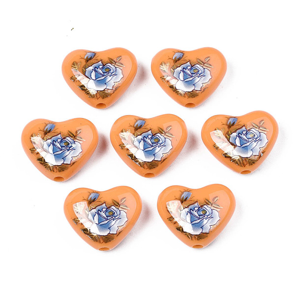 Flower Printed Opaque Acrylic Heart Beads