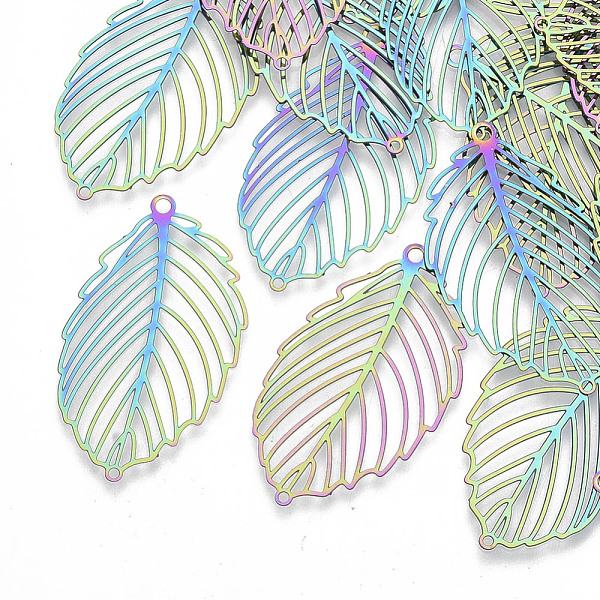 

PandaHall Ion Plating(IP) 201 Stainless Steel Filigree Pendants, Etched Metal Embellishments, Tropical Leaf Charms, Monstera Leaf, Rainbow...