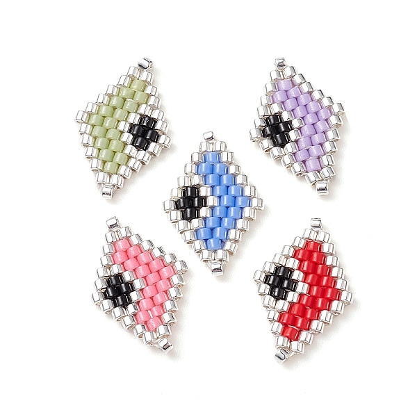 

PandaHall Handmade Loom Pattern Seed Beads, Rhombus with Evil Eye Charms, Mixed Color, 18x11.5x1.5mm, Hole: 0.8mm Glass Rhombus Multicolor