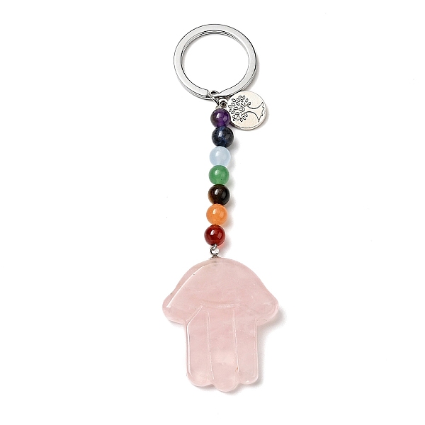 

PandaHall Natural Rose Quartz Chakra Keychain, with Iron Split Key Rings and Flat Round Alloy Charms, Hamsa Hand, 11.5cm Rose Quartz Palm