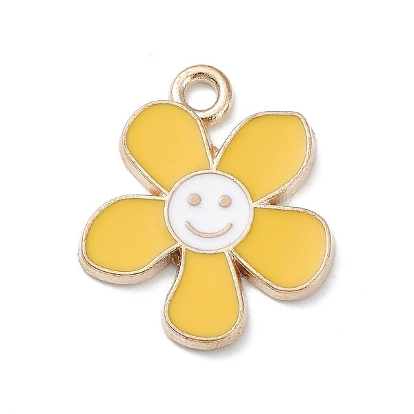 

PandaHall Alloy Enamel Pendants, Light Gold, Flower with Smiling Face Charm, Gold, 21.5x18x1.5mm, Hole: 2mm Alloy+Enamel Flower Gold