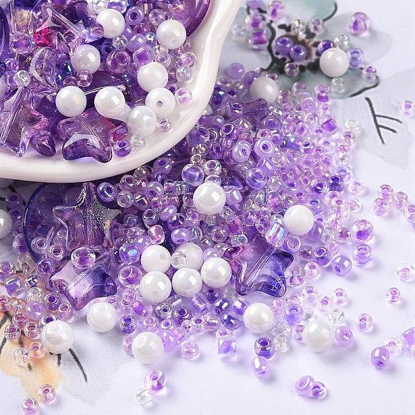 

PandaHall DIY Jewelry Making Finding Kit, Glass & Seed Beads, Round & Star & Moon, Blue Violet, 2~16x2~12x3~7mm, Hole: 0.8~1.2mm Glass