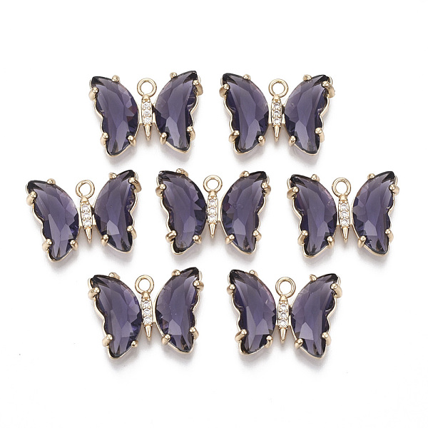 

PandaHall Glass Pendants, with Micro Pave Cubic Zirconia and Brass Open Back Settings, Faceted, Butterfly, Light Gold, Indigo, 15.5x20x4mm..., Purple
