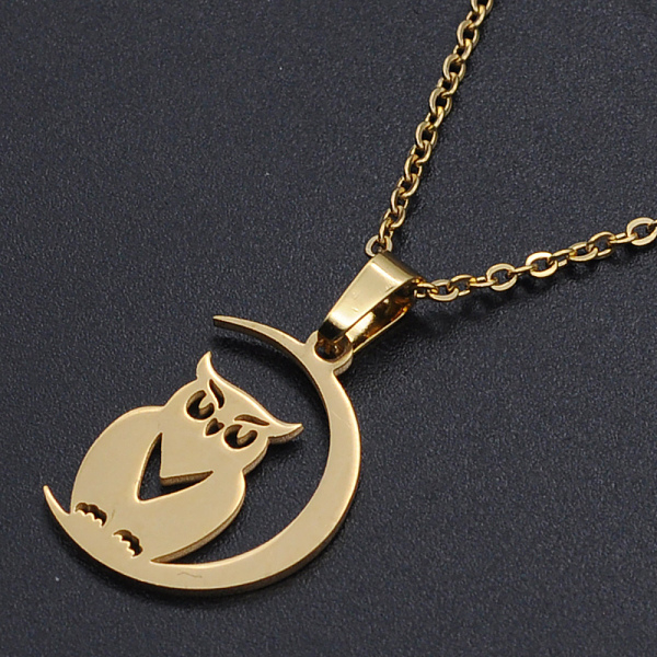 

PandaHall 201 Stainless Steel Pendants Necklaces, with Cable Chains and Lobster Claw Clasps, Halloween Theme, Owl with Moon, Golden, 17.71...