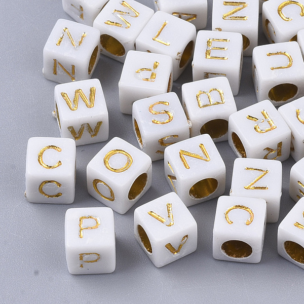 

PandaHall Plated Acrylic Beads, Horizontal Hole, Cube with Random Initial Letter, Gold, 6x6x6mm, Hole: 3.5mm, about 3270pcs/500g Acrylic...