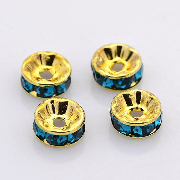 

PandaHall Brass Rhinestone Spacer Beads, Grade A, Straight Flange, Golden Metal Color, Rondelle, Blue Zircon, 8x3.8mm, Hole: 1.5mm..., Cyan