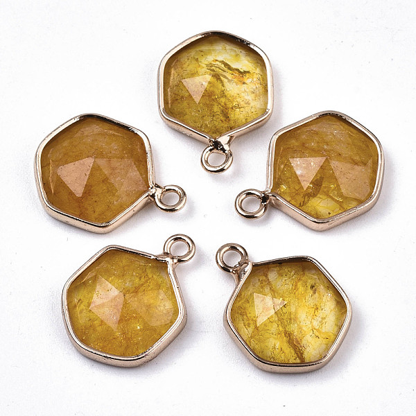 

PandaHall Glass Charms, with Light Gold Tone Brass Findings, Hexagon, Faceted, Gold, 15x11x4.5mm, Hole: 1.5mm Brass+Glass Hexagon Gold